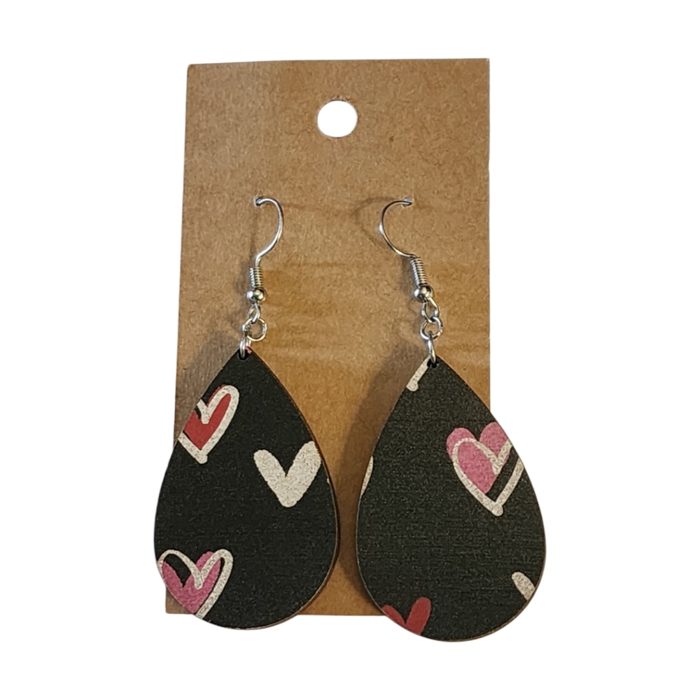 Lovely Hearts Teardrop Wood Earrings